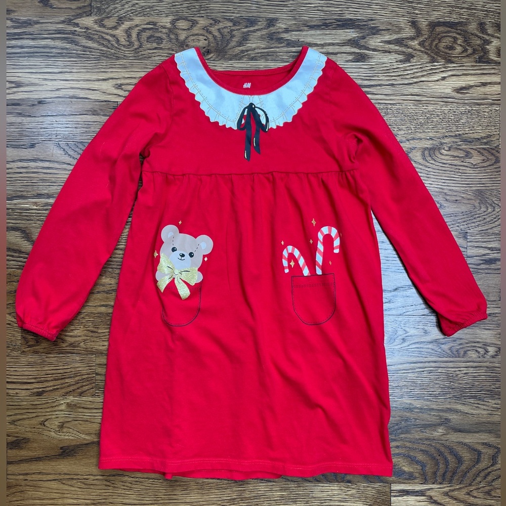 NWOT H&M Girls Red Graphic Jersey  Festive Christmas Holiday Teddy Bear Dress 4